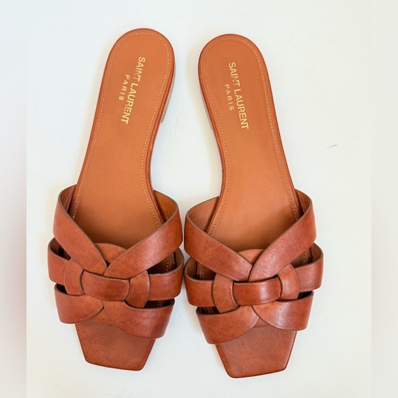Saint Laurent Cognac Brown Leather Tribute open toe flat slide sandals EU 39.5 - Picture 3 of 11